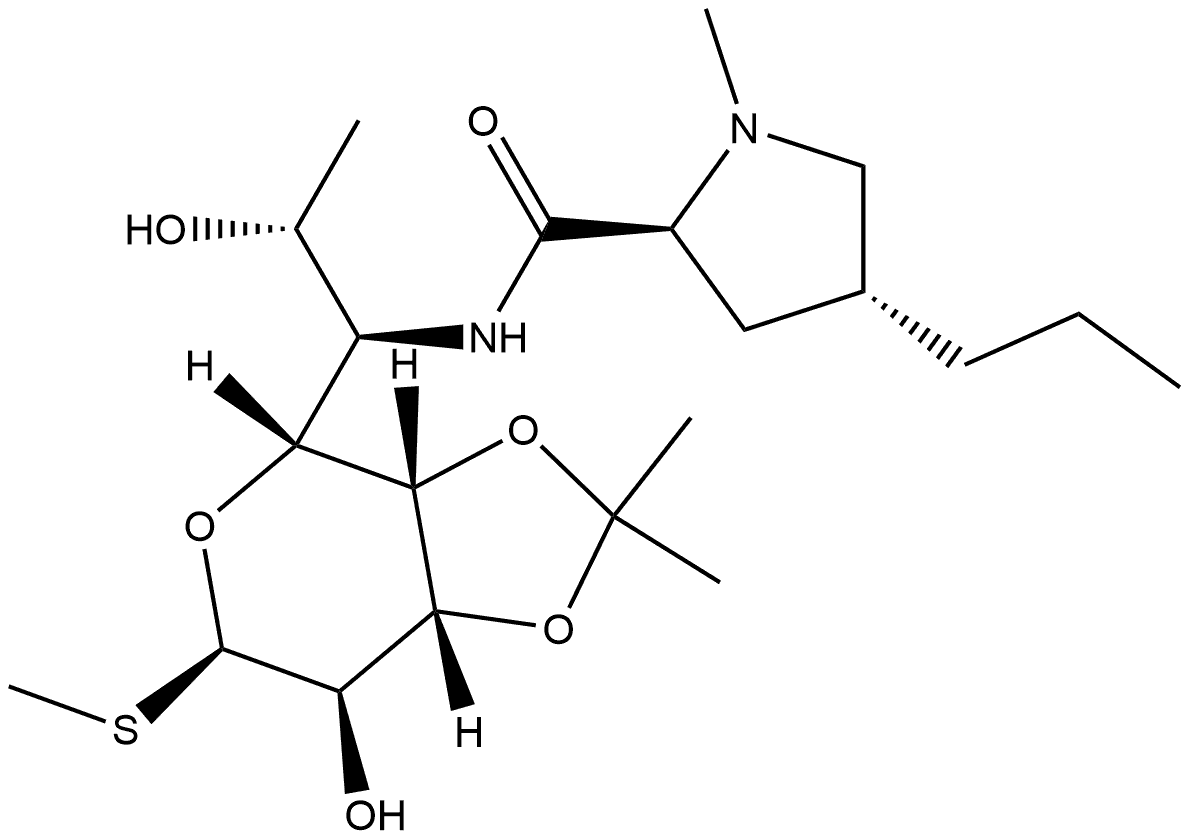 D-erythro-α-D-galacto-Octopyranoside, methyl 6,8-dideoxy-3,4-O-(1-methylethylidene)-6-[[[(2S,4R)-1-methyl-4-propyl-2-pyrrolidinyl]carbonyl]amino]-1-thio- Struktur