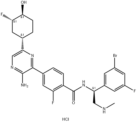 Benzamide, 4-[3-amino-6-[(1S,3S,4S)-3-fluoro-4-hydroxycyclohexyl]-2-pyrazinyl]-N-[(1S)-1-(3-bromo-5-fluorophenyl)-2-(methylamino)ethyl]-2-fluoro-, hydrochloride (1:) Struktur