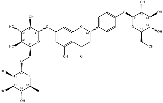 4H-1-Benzopyran-4-one, 7-[[6-O-(6-deoxy-α-L-mannopyranosyl)-β-D-glucopyranosyl]oxy]-2-[4-(β-D-glucopyranosyloxy)phenyl]-2,3-dihydro-5-hydroxy-, (2S)- Struktur