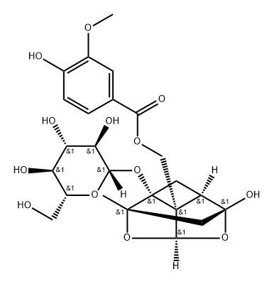 β-D-Glucopyranoside, (1aR,2S,3aR,5R,5aR,5bS)-tetrahydro-5-hydroxy-5b-[[(4-hydroxy-3-methoxybenzoyl)oxy]methyl]-2-methyl-2,5-methano-1H-3,4-dioxacyclobuta[cd]pentalen-1a(2H)-yl Struktur