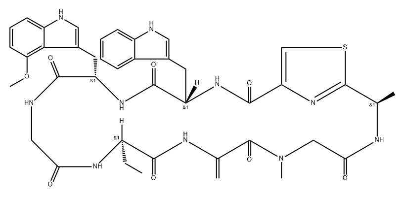 Cyclo[2,3-didehydroalanyl-N-methylglycyl-2-[(1R)-1-aminoethyl]-4-thiazolecarbonyl-L-tryptophyl-4-methoxy-L-tryptophylglycyl-(2R)-2-aminobutanoyl] Struktur