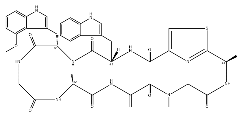 Cyclo[D-alanyl-2,3-didehydroalanyl-N-methylglycyl-2-[(1R)-1-aminoethyl]-4-thiazolecarbonyl-L-tryptophyl-4-methoxy-L-tryptophylglycyl] Struktur