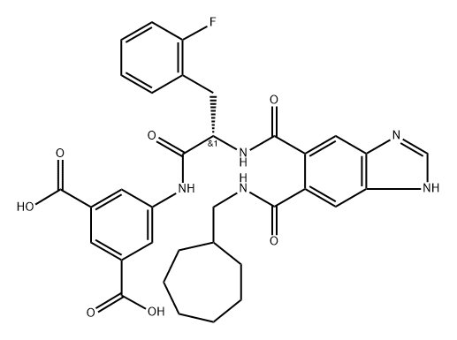 1,3-Benzenedicarboxylic acid, 5-[[(2S)-2-[[[5-[[(cycloheptylmethyl)amino]carbonyl]-1H-benzimidazol-5-yl]carbonyl]amino]-3-(2-fluorophenyl)-1-oxopropyl]amino]- Struktur