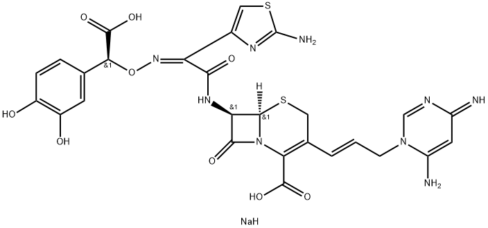 5-Thia-1-azabicyclo[4.2.0]oct-2-ene-2-carboxylic acid, 3-[(1E)-3-(6-amino-4-imino-1(4H)-pyrimidinyl)-1-propen-1-yl]-7-[[(2Z)-2-(2-amino-4-thiazolyl)-2-[[(S)-carboxy(3,4-dihydroxyphenyl)methoxy]imino]acetyl]amino]-8-oxo-, sodium salt (1:1), (6R,7R)- Struktur