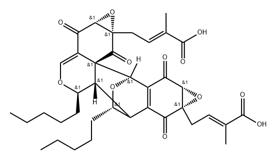 2-Butenoic acid, 4,4'-[(1aR,5R,5aS,6R,7aS,8aR,10R,10aS,11aS,13S)-1a,2,5a,6,7,8a,9,10-octahydro-2,7,9,11-tetraoxo-5,13-dipentyl-10,6-(epoxymethano)bisoxireno[4,5]benzo[1,2-d:1',2'-g][2]benzopyran-7a,11a(5H,11H)-diyl]bis[2-methyl-, (2E,2'E)- Struktur