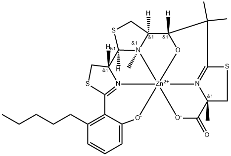 Zinc, [(4S)-2-[(2S)-2-[(2R,4R)-2-[(4R)-4,5-dihydro-2-[2-(hydroxy-κO)-6-pentylphenyl]-4-thiazolyl-κN3]-3-methyl-4-thiazolidinyl-κN3]-2-(hydroxy-κO)-1,1-dimethylethyl]-4,5-dihydro-4-methyl-4-thiazolecarboxylato(2-)-κN3,κO4]-, (OC-6-26-A)- (9CI) Struktur