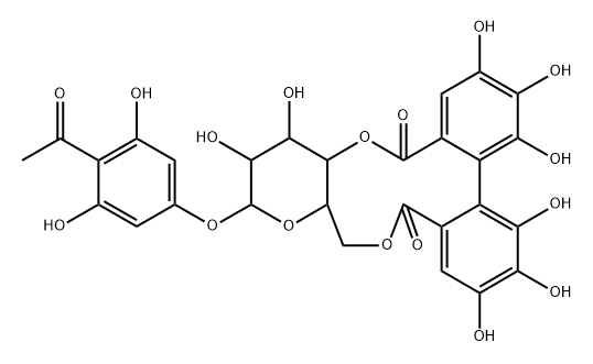 Ethanone, 1-[4-[[4,6-O-[(1S)-4,4',5,5',6,6'-hexahydroxy[1,1'-biphenyl]-2,2'-diyldicarbonyl]-β-D-glucopyranosyl]oxy]-2,6-dihydroxyphenyl]- Struktur