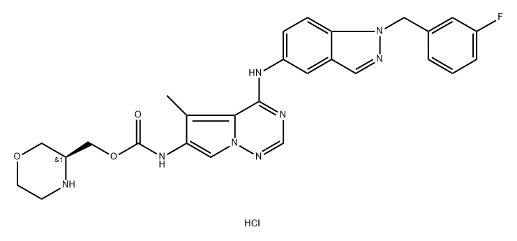 Carbamic acid, N-[4-[[1-[(3-fluorophenyl)methyl]-1H-indazol-5-yl]amino]-5-methylpyrrolo[2,1-f][1,2,4]triazin-6-yl]-, (3S)-3-morpholinylmethyl ester, hydrochloride (1:2) Struktur