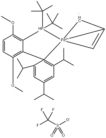 Palladium(1+), [[3,6-dimethoxy-2',4',6'-tris(1-methylethyl)[1,1'-biphenyl]-2-yl-κC1']bis(1,1-dimethylethyl)phosphine-κP](η3-2-propen-1-yl)-, 1,1,1-trifluoromethanesulfonate (1:1) Struktur