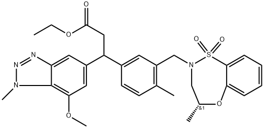 1H-Benzotriazole-5-propanoic acid, β-[3-[[(4R)-3,4-dihydro-4-methyl-1,1-dioxido-2H-5,1,2-benzoxathiazepin-2-yl]methyl]-4-methylphenyl]-7-methoxy-1-methyl-, ethyl ester Struktur