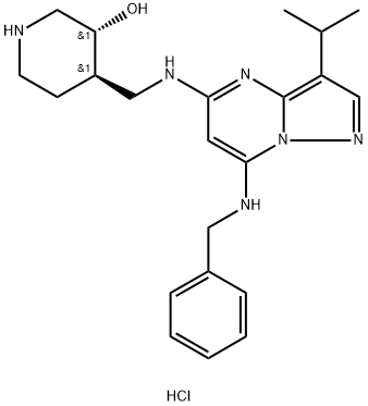 3-Piperidinol, 4-[[[3-(1-methylethyl)-7-[(phenylmethyl)amino]pyrazolo[1,5-a]pyrimidin-5-yl]amino]methyl]-, hydrochloride (1:1), (3R,4R)- Struktur