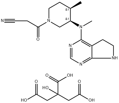 1-Piperidinepropanenitrile, 3-[(6,7-dihydro-5H-pyrrolo[2,3-d]pyrimidin-4-yl)methylamino]-4-methyl-β-oxo-, (3R,4R)-, 2-hydroxy-1,2,3-propanetricarboxylate (1:1) Struktur