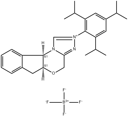 4H,6H-Indeno[2,1-b][1,2,4]triazolo[4,3-d][1,4]oxazinium, 5a,10b-dihydro-2-[2,4,6-tris(1-methylethyl)phenyl]-, (5aS,10bR)-, tetrafluoroborate(1-) (1:1) Struktur