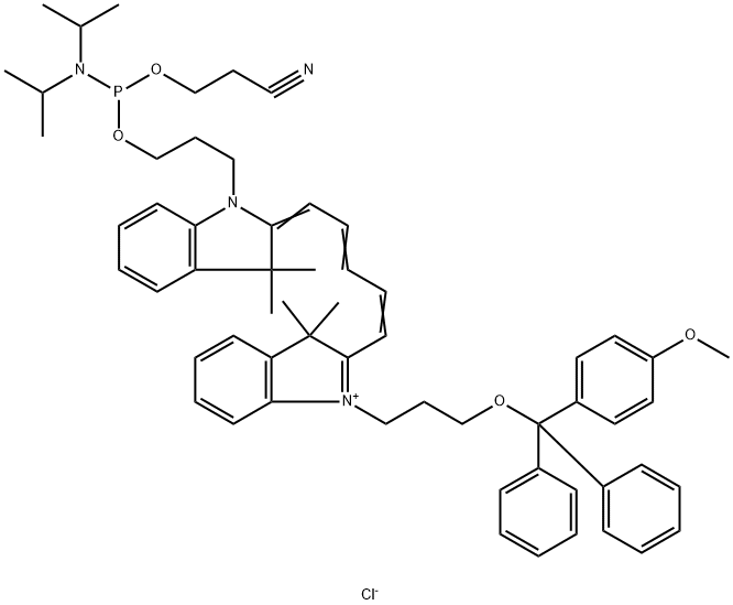 3H-Indolium, 2-[5-[1-[3-[[[bis(1-methylethyl)amino](2-cyanoethoxy)phosphino]oxy]propyl]-1,3-dihydro-3,3-dimethyl-2H-indol-2-ylidene]-1,3-pentadien-1-yl]-1-[3-[(4-methoxyphenyl)diphenylmethoxy]propyl]-3,3-dimethyl-, chloride (1:1) Struktur