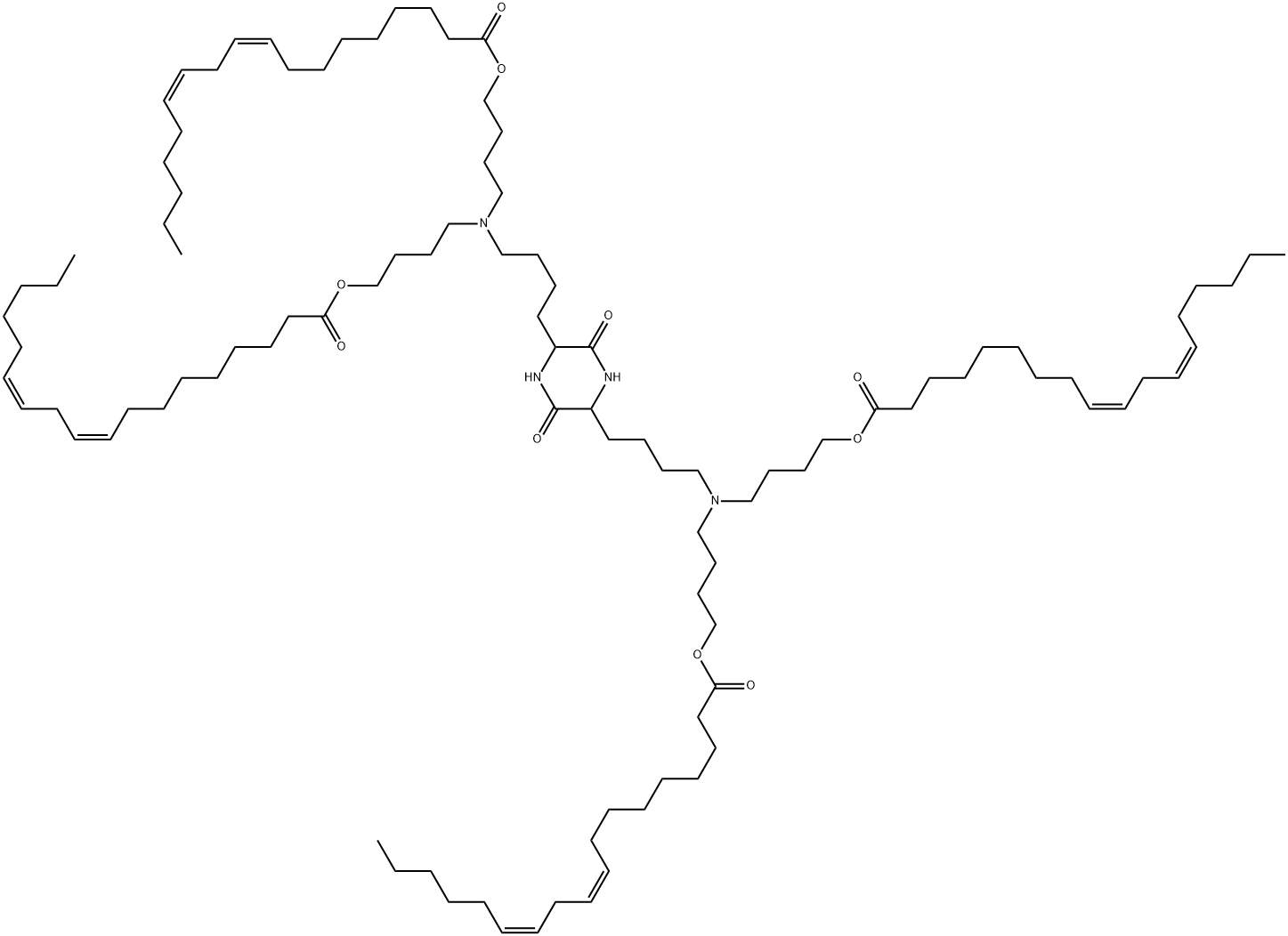 9,12-Octadecadienoic acid (9Z,12Z)-, 1,1',1'',1'''-[(3,6-dioxo-2,5-piperazinediyl)bis(4,1-butanediylnitrilodi-4,1-butanediyl)] ester Struktur