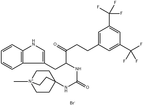 1-Azoniabicyclo[2.2.2]octane, 4-[[[[4-[3,5-bis(trifluoromethyl)phenyl]-1-(1H-indol-3-ylmethyl)-2-oxobutyl]amino]carbonyl]amino]-1-methyl-, bromide (1:1) Struktur