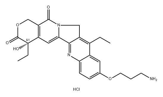 1H-Pyrano[3',4':6,7]indolizino[1,2-b]quinoline-3,14(4H,12H)-dione, 9-(3-aminopropoxy)-4,11-diethyl-4-hydroxy-, hydrochloride (1:1), (4S)- Struktur