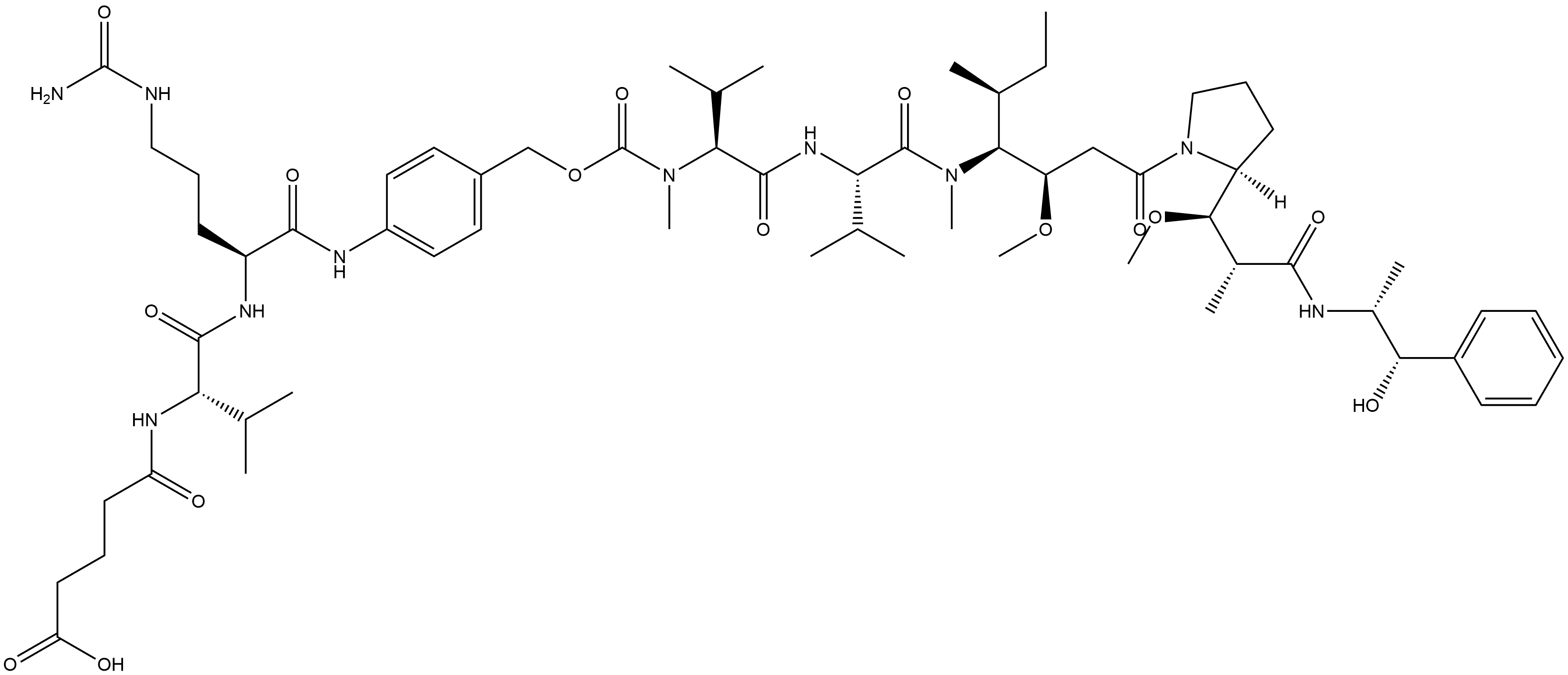 L-Valinamide, N-[[[4-[[N-(4-carboxy-1-oxobutyl)-L-valyl-N5-(aminocarbonyl)-L-ornithyl]amino]phenyl]methoxy]carbonyl]-N-methyl-L-valyl-N-[(1S,2R)-4-[(2S)-2-[(1R,2R)-3-[[(1R,2S)-2-hydroxy-1-methyl-2-phenylethyl]amino]-1-methoxy-2-methyl-3-oxopropyl]-1-pyrrolidinyl]-2-methoxy-1-[(1S)-1-methylpropyl]-4-... Struktur