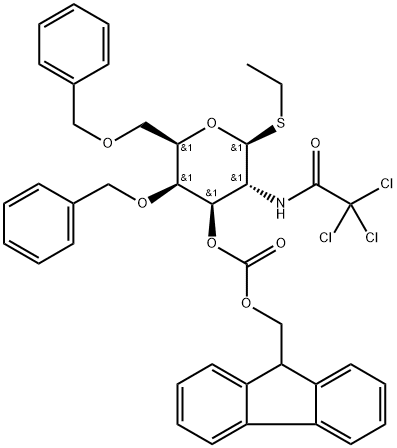 β-D-Galactopyranoside, ethyl 2-deoxy-4,6-bis-O-(phenylmethyl)-1-thio-2-[(2,2,2-trichloroacetyl)amino]-, 3-(9H-fluoren-9-ylmethyl carbonate) Struktur