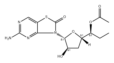 Thiazolo[4,5-d]pyrimidin-2(3H)-one, 3-(5-O-acetyl-3,6,7-trideoxy-α-L-lyxo-heptofuranosyl)-5-amino- Struktur