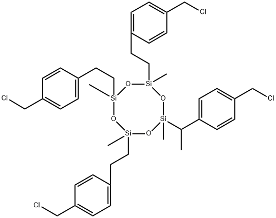 2-[1-[4-(chloromethyl)phenyl]ethyl]-4,6,8-tris[2-[4-(chloromethyl)phenyl]ethyl]-2,4,6,8-tetramethyl cyclotetrasiloxane Struktur