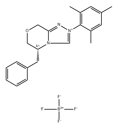 (R)-5-Benzyl-2-mesityl-2,5,6,8-tetrahydro-[1,2,4]triazolo[3,4-c][1,4]oxazin-4-ium tetrafluoroborate Struktur