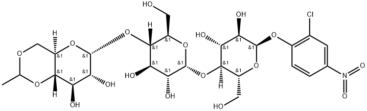 2-Chloro-4-nitrophenyl O-4,6-O-ethylidene-alpha-D-glucopyranosyl-(1-4)-O-alpha-D-glucopyranosyl-(1-4)-alpha-D-glucopyranoside Struktur