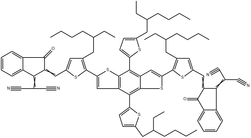 2,2'-(-((5,5'-(4,8-bis(5-(2-ethylhexyl)thiophen-2-yl)benzo[1,2-b:4,5-b']dithiophene-2,6-diyl)bis(4-(2-ethylhexyl)thiophene-5,2-diyl))bis(methanylylidene))bis(3-oxo-2,3-dihydro-1H-indene Struktur