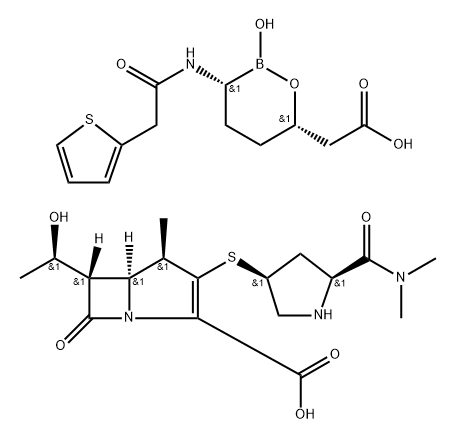 1-Azabicyclo[3.2.0]hept-2-ene-2-carboxylic acid, 3-[[(3S,5S)-5-[(dimethylamino)carbonyl]-3-pyrrolidinyl]thio]-6-[(1R)-1-hydroxyethyl]-4-methyl-7-oxo-, (4R,5S,6S)-, mixt. with (3R,6S)-2-hydroxy-3-[[2-(2-thienyl)acetyl]amino]-1,2-oxaborinane-6-acetic acid Struktur