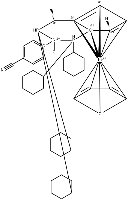 Chloro(4-cyanophenyl){(R)-1-[(S)-2-(dicyclohexylphosphino)ferrocenyl]ethyl (dicyclohexylphosphine)}nickel(II) Struktur