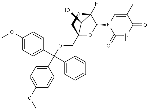 1-[5'-O-(4,4'-Dimethoxytrityl)-2-O,4-C-methylene-beta-D-ribofuranosyl]-5-methyluracil 結構式