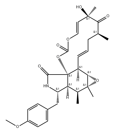 1,3-Dioxacyclotridecino[4,5-d]oxireno[f]isoindole-2,7,16(6H,8H)-trione, 9,11a,11b,12a,13,13a,14,15-octahydro-6-hydroxy-14-[(4-methoxyphenyl)methyl]-6,8,12a,13-tetramethyl-, (4E,6R,8S,10E,11aS,11bS,12aR,13S,13aS,14S,16aS)- Struktur