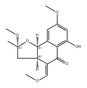 Naphtho[1,2-b]furan-5(4H)-one, 2,3,3a,9b-tetrahydro-6-hydroxy-2,8-dimethoxy-4-(methoxymethylene)-2-methyl-, (2R,3aR,4E,9bR)-rel-(-)- Struktur