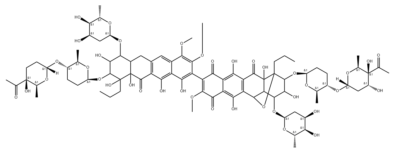 1,5-Epoxynaphthacene-7,10,12(2H)-trione, 2-[[(2R,5R,6S)-5-[(4-C-acetyl-2,6-dideoxy-α-D-xylo-hexopyranosyl)oxy]tetrahydro-6-methyl-2H-pyran-2-yl]oxy]-9-[9-[[(2R,5R,6S)-5-[[(2S,5R,6R)-5-acetyltetrahydro-5-hydroxy-6-methyl-2H-pyran-2-yl]oxy]tetrahydro-6-methyl-2H-pyran-2-yl]oxy]-7-[(2,6-dideoxy-α-D-ribo-hexopyranosyl)oxy]-6,6a,7,8,9,10,10a,11-octahydro-1,8,10,10a,12-pentahydroxy-3,4-dimethoxy-11-oxo-10-propyl-2-naphthacenyl]-4-[(2,6-dideoxy-α-D-ribo-hexopyranosyl)oxy]-1,3,4,4a,5,12a-hexahydro-3,6,11,12a-tetrahydroxy-8-methoxy-1-propyl-, rel- Struktur