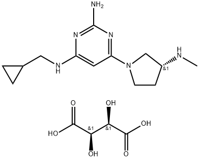 2,4-Pyrimidinediamine, N4-(cyclopropylmethyl)-6-[(3R)-3-(methylamino)-1-pyrrolidinyl]-, (2R,3R)-2,3-dihydroxybutanedioate, hydrate (1:1:2) Struktur