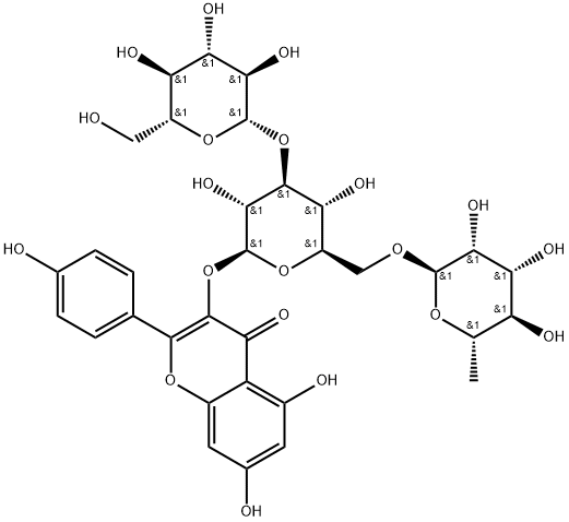 4H-1-Benzopyran-4-one, 3-[(O-6-deoxy-α-L-mannopyranosyl-(1→6)-O-[β-D-glucopyranosyl-(1→3)]-β-D-glucopyranosyl)oxy]-5,7-dihydroxy-2-(4-hydroxyphenyl)- Struktur