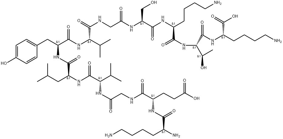 L-Lysine, L-lysyl-L-α-glutamylglycyl-L-valyl-L-leucyl-L-tyrosyl-L-valylglycyl-L-seryl-L-lysyl-L-threonyl- Struktur