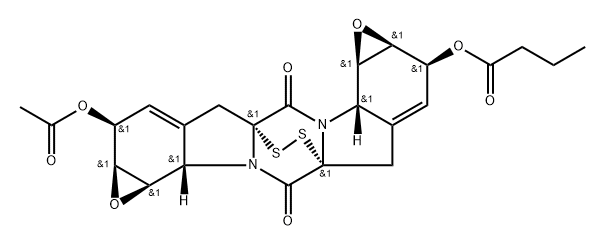 Butanoic acid, (1aS,2S,4aR,6aS,6bR,7aS,8S,10aR,12aS,12bR)-8-(acetyloxy)-1a,2,6a,6b,7a,8,12a,12b-octahydro-5,11-dioxo-5H,11H-4a,10a-epidithio-4H,10H-bisoxireno[g,g']pyrazino[1,2-a:4,5-a']diindol-2-yl ester Struktur