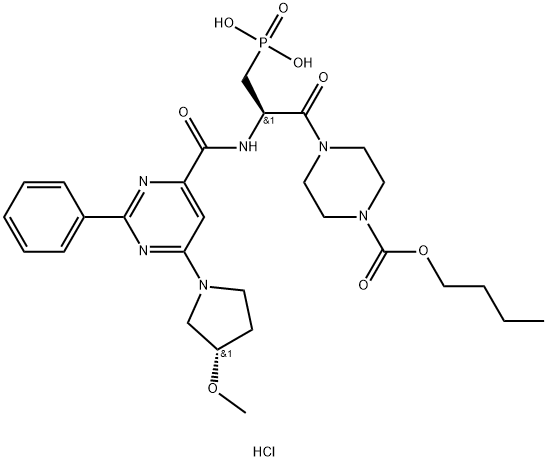 1-Piperazinecarboxylic acid, 4-[(2R)-2-[[[6-[(3S)-3-methoxy-1-pyrrolidinyl]-2-phenyl-4-pyrimidinyl]carbonyl]amino]-1-oxo-3-phosphonopropyl]-, 1-butyl ester, hydrochloride (1:1) Struktur