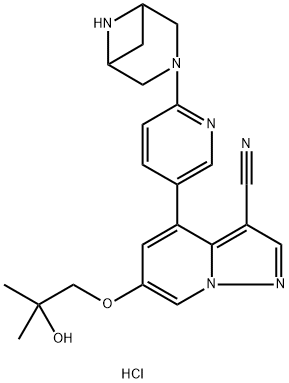 4-(6-(3,6-Diazabicyclo[3.1.1]heptan-3-yl)pyridin-3-yl)-6-(2-hydroxy-2-methylpropoxy)pyrazolo[1,5-a]pyridine-3-carbonitrile dihydrochloride Struktur