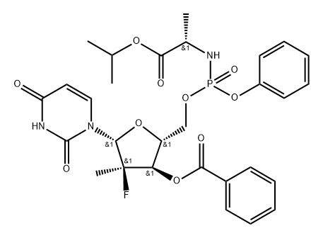 L-Alanine, N-[[P(S),2'R]-3'-O-benzoyl-2'-deoxy-2'-fluoro-2'-methyl-P-phenyl-5'-uridylyl]-, 1-methylethyl ester Struktur