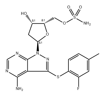 1H-Pyrazolo[3,4-d]pyrimidin-4-amine, 1-[5-O-(aminosulfonyl)-2-deoxy-α-L-threo-pentofuranosyl]-3-[(2-fluoro-4-methylphenyl)thio]- Struktur