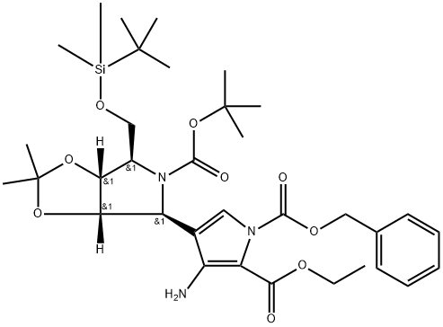 1H-Pyrrole-1,2-dicarboxylic acid, 3-amino-4-(3aS,4S,6R,6aR)-5-(1,1-dimethylethoxy)carbonyl-6-(1,1-dimethylethyl)dimethylsilyloxymethyltetrahydro-2,2-dimethyl-4H-1,3-dioxolo4,5-cpyrrol-4-yl-, 2-ethyl 1-(phenylmethyl) ester Struktur