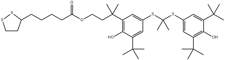 3-(3-(tert-butyl)-5-((2-((3,5-di-tert-butyl-4-hydroxyphenyl)thio) propan-2-yl)thio)-2-hydroxyphenyl)-3-methylbutyl 5-(1,2- dithiolan-3-yl)pentanoate Struktur