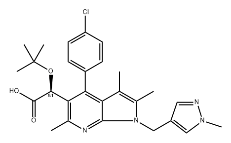 1H-Pyrrolo[2,3-b]pyridine-5-acetic acid, 4-(4-chlorophenyl)-α-(1,1-dimethylethoxy)-2,3,6-trimethyl-1-[(1-methyl-1H-pyrazol-4-yl)methyl]-, (αS)- Struktur