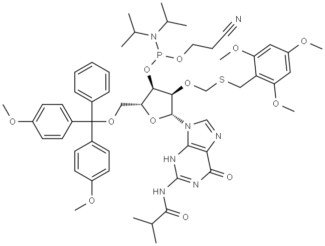 2'-TMBTM-G(iBu)-CE-Phosphoramidite Struktur