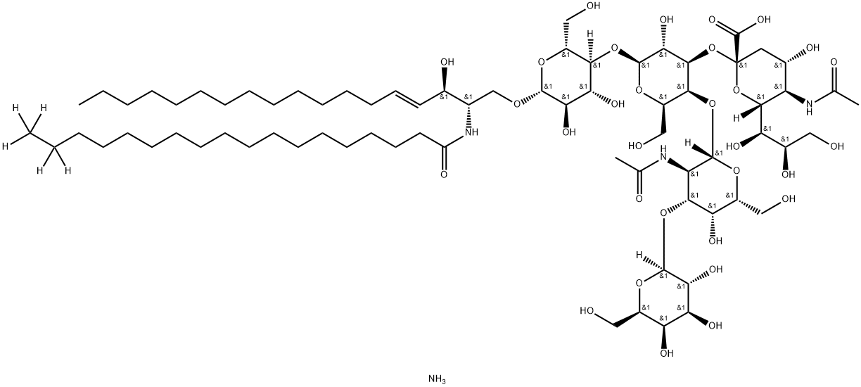 Octadecanamide-17,17,18,18,18-d5, N-[(1S,2R,3E)-1-[[[O-β-D-galactopyranosyl-(1→3)-O-2-(acetylamino)-2-deoxy-β-D-galactopyranosyl-(1→4)-O-[N-acetyl-α-neuraminosyl-(2→3)]-O-β-D-galactopyranosyl-(1→4)-β-D-glucopyranosyl]oxy]methyl]-2-hydroxy-3-heptadecen-1-yl]-, ammonium salt (1:1) Struktur