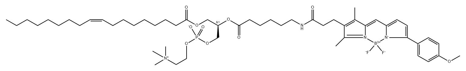 Boron, difluoro[(7R)-4-hydroxy-18-[2-[[5-(4-methoxyphenyl)-1H-pyrrol-2-yl-κN]methylene]-3,5-dimethyl-2H-pyrrol-4-yl-κN]-N,N,N-trimethyl-9,16-dioxo-7-[[[(9Z)-1-oxo-9-octadecen-1-yl]oxy]methyl]-3,5,8-trioxa-15-aza-4-phosphaoctadecan-1-aminium 4-oxidato(2-)]-, (T-4)- Struktur