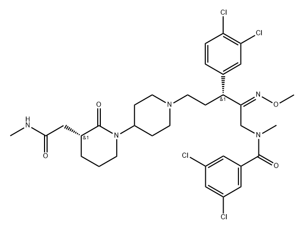 [1,4'-Bipiperidine]-3-acetamide, 1'-[(3R,4Z)-5-[(3,5-dichlorobenzoyl)methylamino]-3-(3,4-dichlorophenyl)-4-(methoxyimino)pentyl]-N-methyl-2-oxo-, (3R)- Struktur