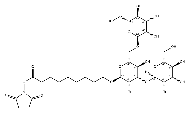 2,5-Pyrrolidinedione, 1-9-(O-.alpha.-D-mannopyranosyl-(13)-O-.alpha.-D-mannopyranosyl-(16)-.alpha.-D-mannopyranosyl)oxy-1-oxononyloxy- Struktur